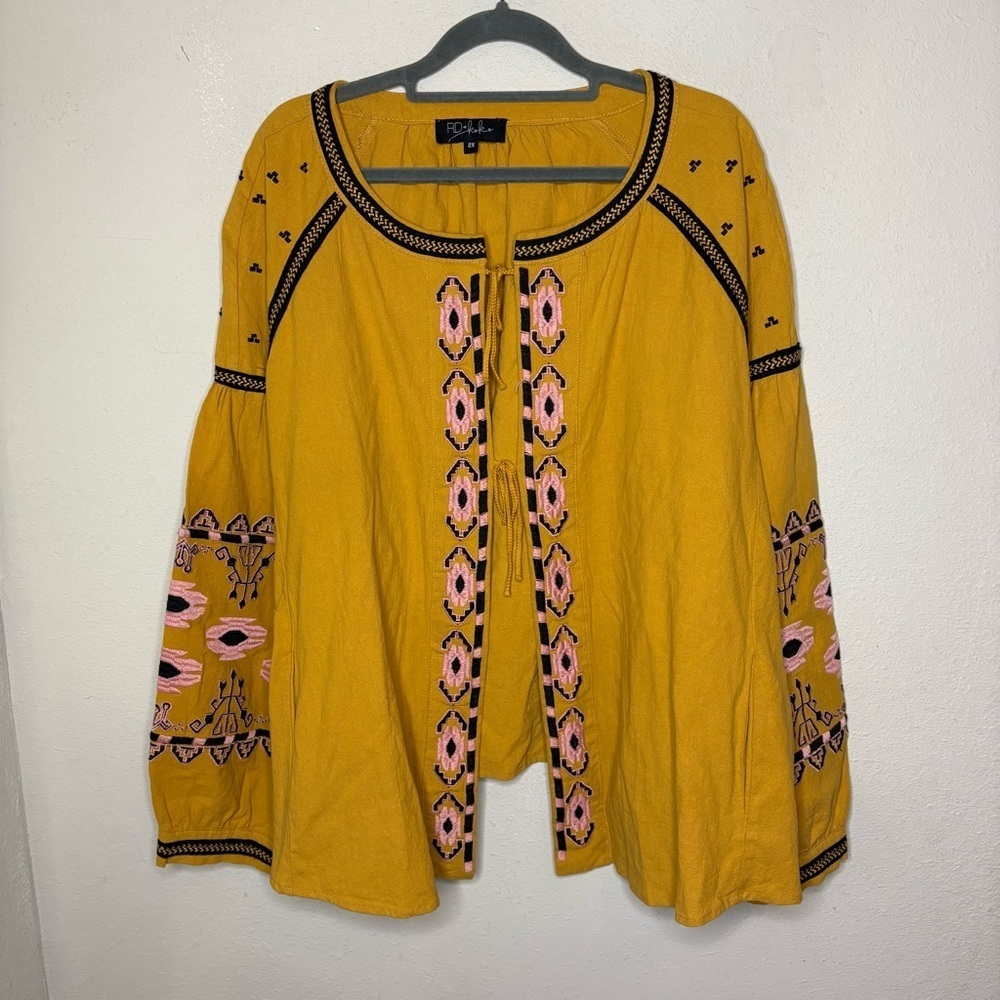 Anthropologie RD and Koko  Embroidered Top Peasant Jacket Boho Puff Sleeves 2x